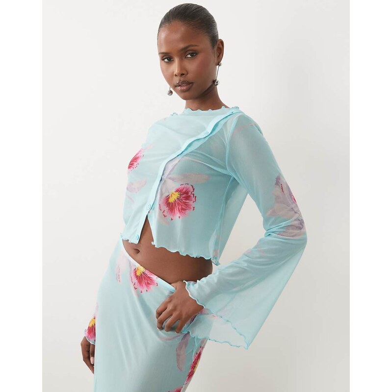 ASOS DESIGN sheer angel sleeve cropped co-ord cardi in blue