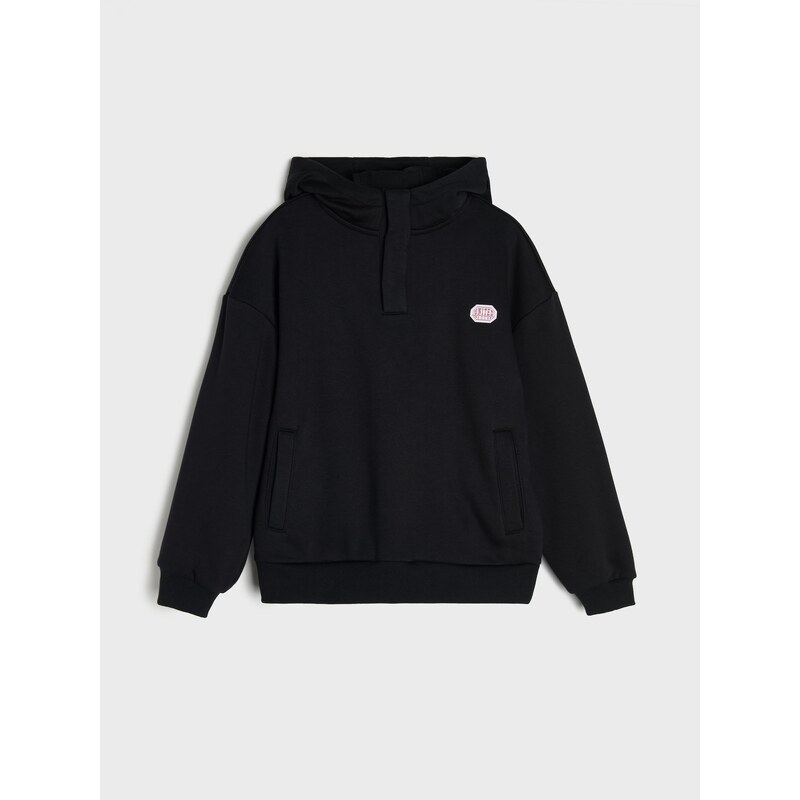 Sinsay - Mikina hoodie half-zip s druky - černá