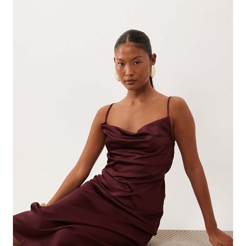 New Look Petite satin cowl neck midi dress in burgundy-Red