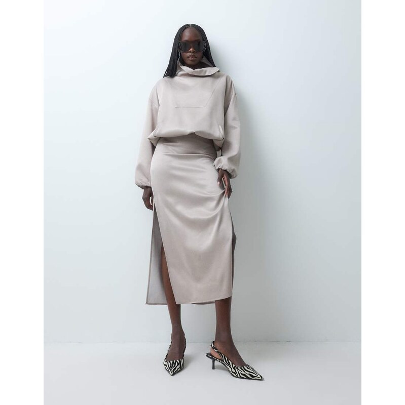 ASOS DESIGN satin maxi column skirt with side split in taupe co