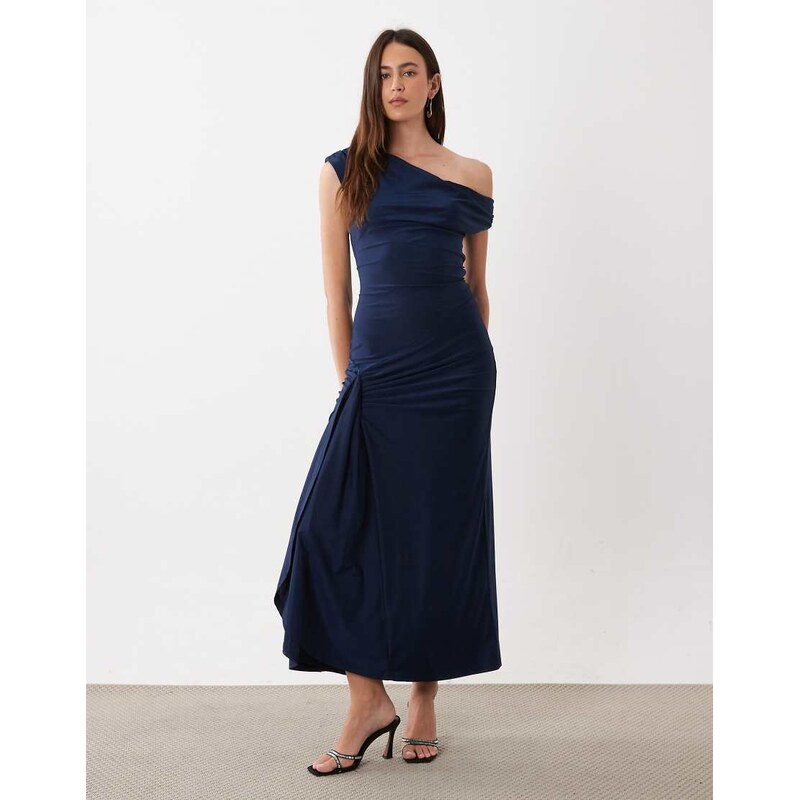 Rare London off shoulder gathered side detail maxi dress in navy