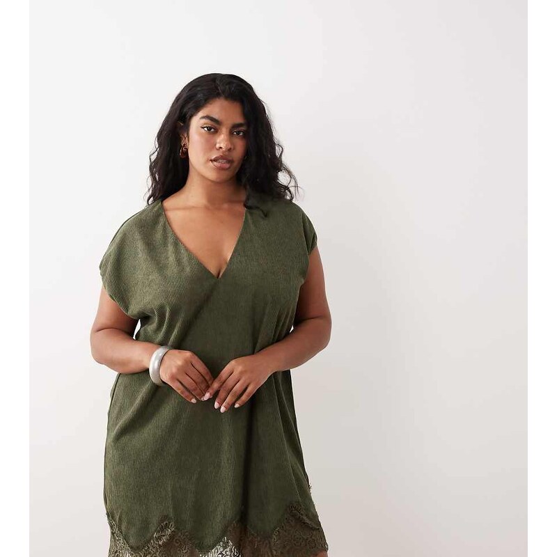 ASOS Curve ASOS DESIGN Curve cord v neck lace trim mini shift