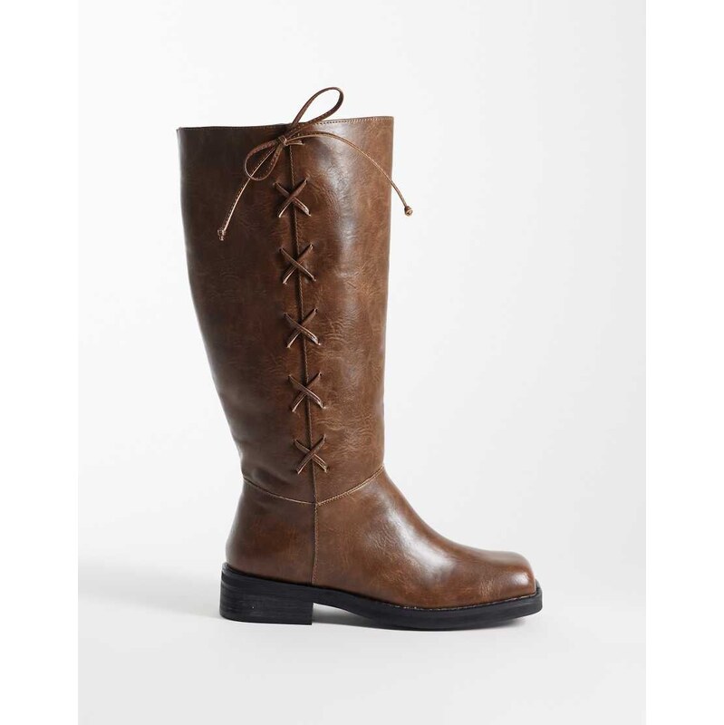 Public Desire Saffron square toe knee boots in tan brown