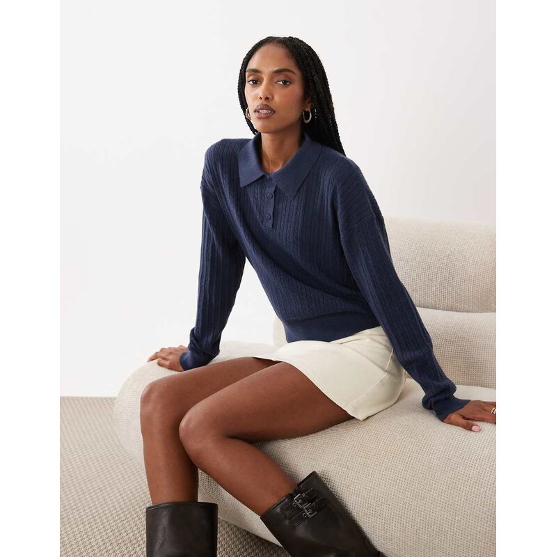 Cotton On boxy long sleeve polo knit top in navy cable