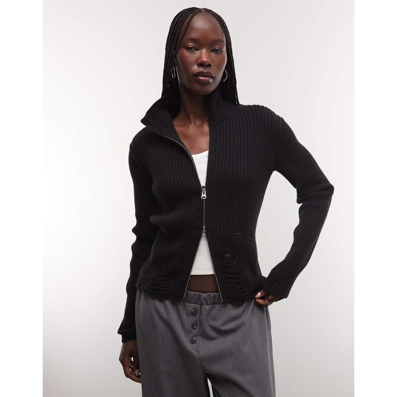 Weekday wool blend zip cardigan with distressed detail in black