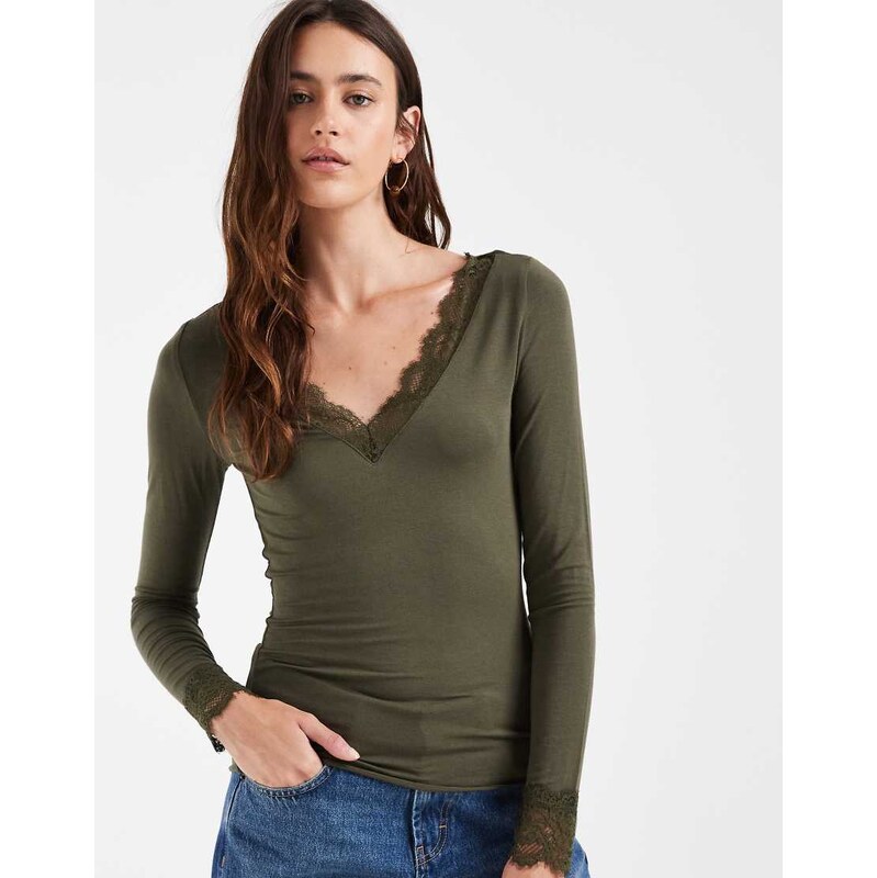 Vero Moda v-neck long sleeve t-shirt with lace trim in dark
