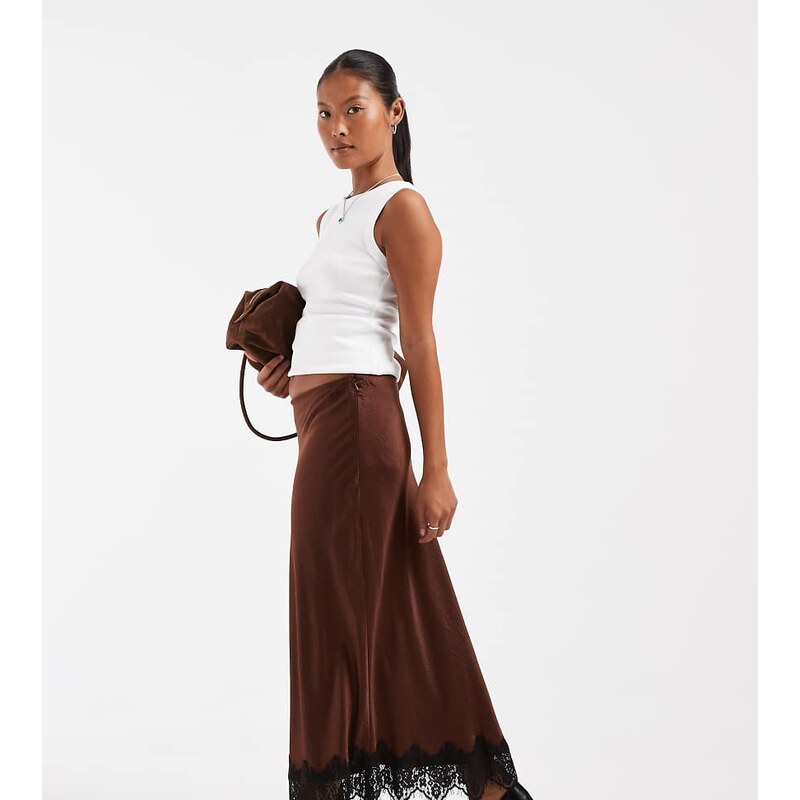 Vero Moda Petite satin midi skirt with lace detail hem in brown