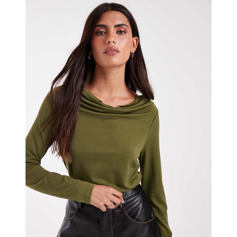Vero Moda long sleeve waterfall top in moss green