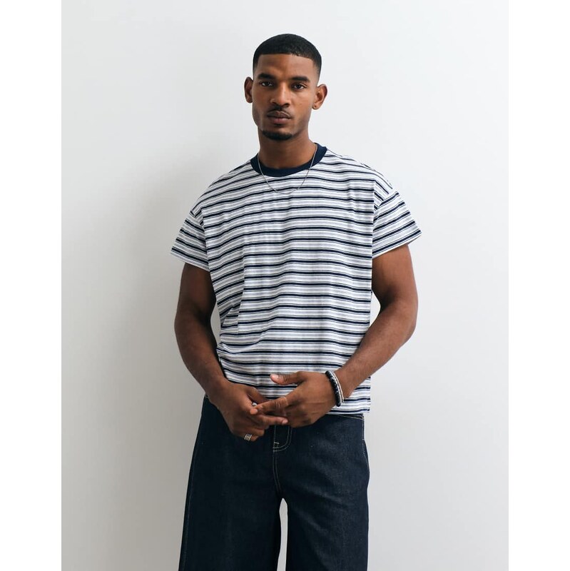 Weekday t-shirt with cap sleeve detail in off-white & navy