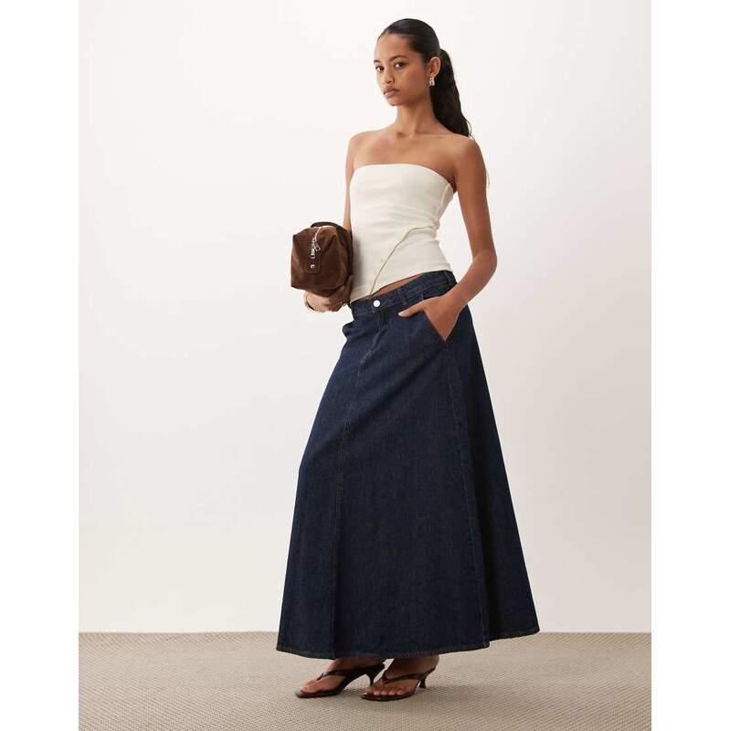 Vila a line denim maxi skirt in dark blue wash