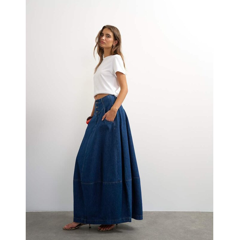 Topshop button front barrel maxi skirt in indigo-Black