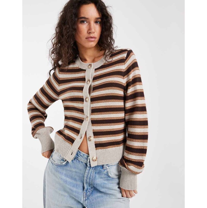 Abercrombie & Fitch knitted crew neck cardigan in brown and