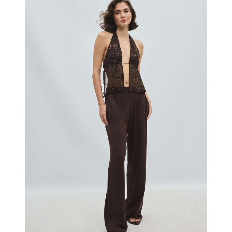 Stradivarius Embroidered halter top with rhinestones in brown