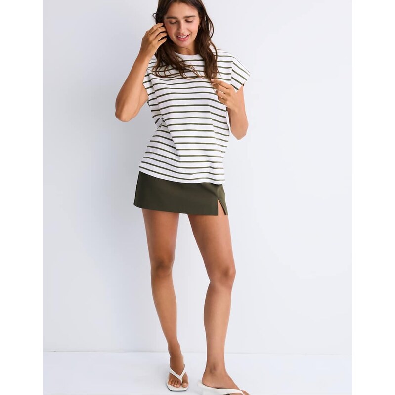 Stradivarius Striped drop sleeve t-shirt in khaki-Green