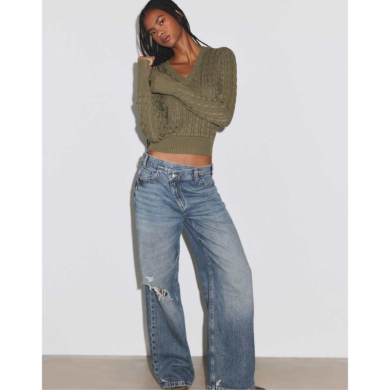 Stradivarius Cross-over waist wide-leg jeans in medium blue