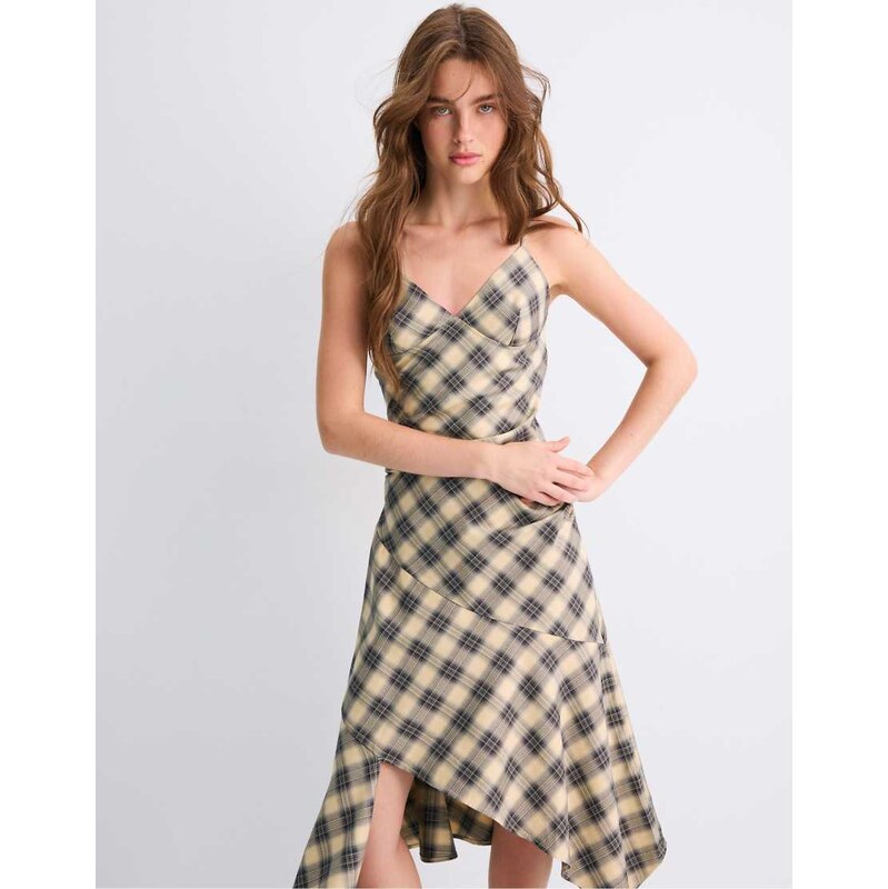 Stradivarius Asymmetric check print midi dress in beige-Neutral