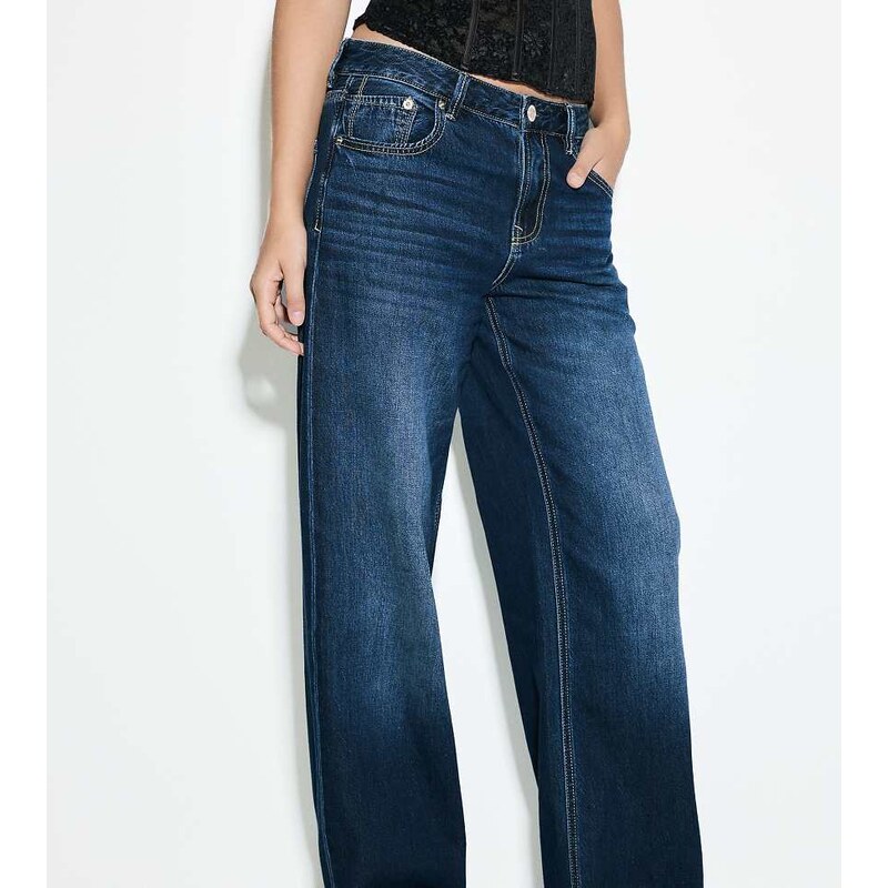 Stradivarius Tall d91 low wide-leg jeans in rinse blue denim