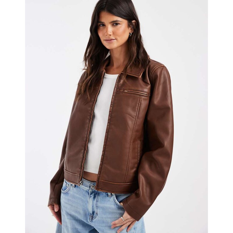 Hollister fitted faux leather jacket in brown