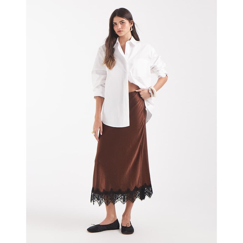 Vero Moda satin midi skirt with lace detail hem in brown