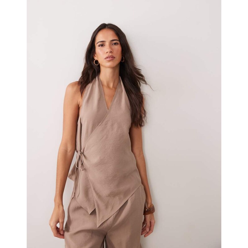 ASOS DESIGN modal look tie side wrap halter top in co ord-Brown