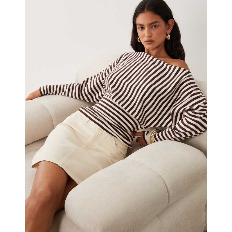 Cotton On everfine batwing knit in dark oak stripe-Brown