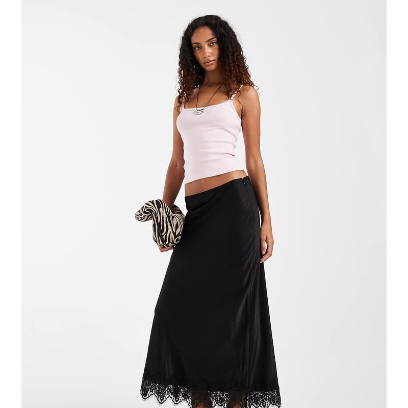 Vero Moda Tall satin midi skirt with lace detail hem in black