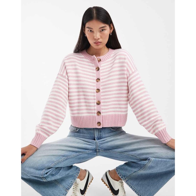 Hollister crew neck knitted cardigan in pink and white stripe