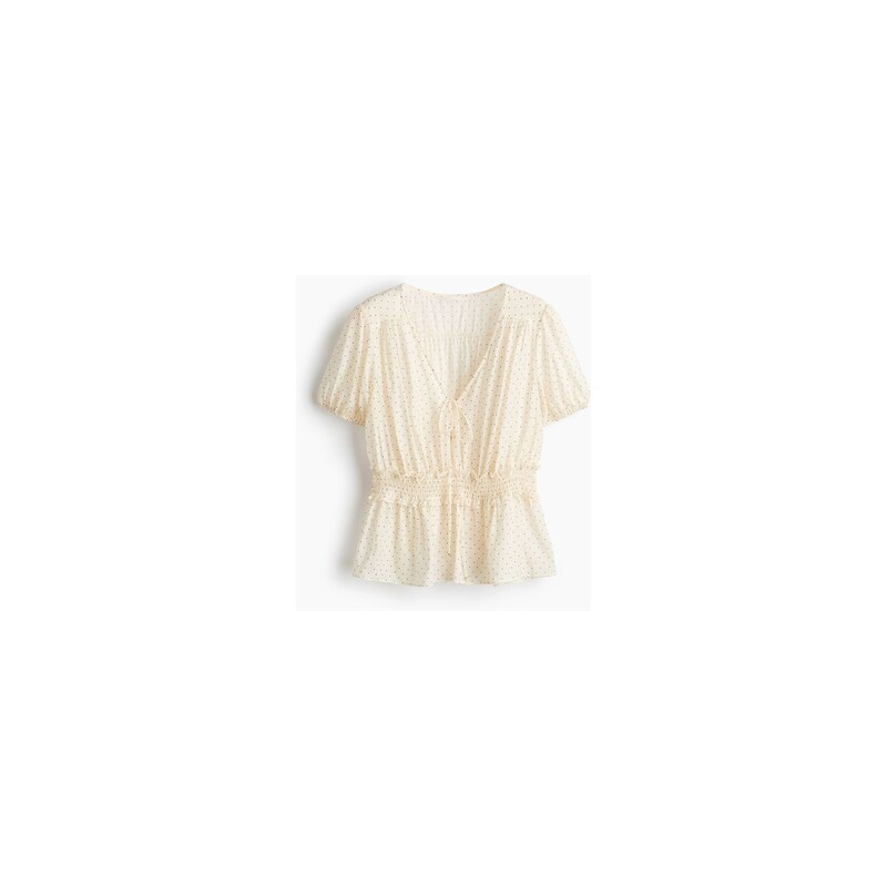 H&M - Halenka peplums nabíraným rukávem - Krémová/Puntíky