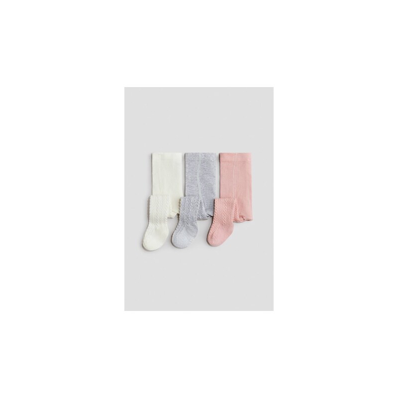H&M - Žebrované punčocháče 3 kusy - Růžová/Světle Šedá/Krémová