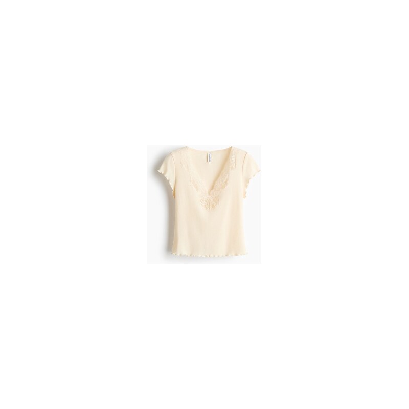 H&M - Žebrovaný tops krajkovým lemem - Cream