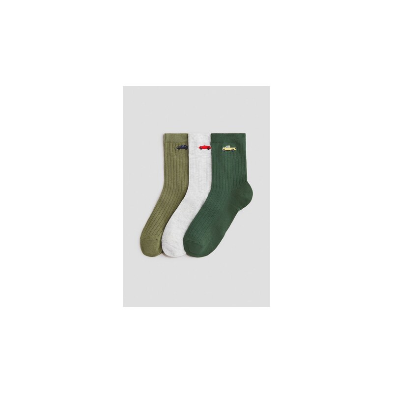 H&M - Žebrované ponožky 3 páry - Khaki Zelená/Vozidla