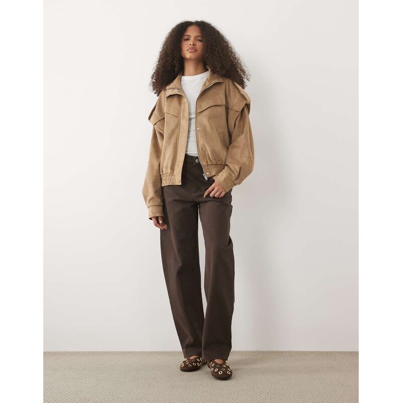 Threadbare faux suede funnel neck batwing bomber jacket in tan