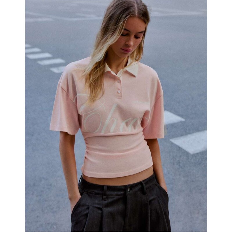 Bershka Short sleeve sash print polo shirt in pink