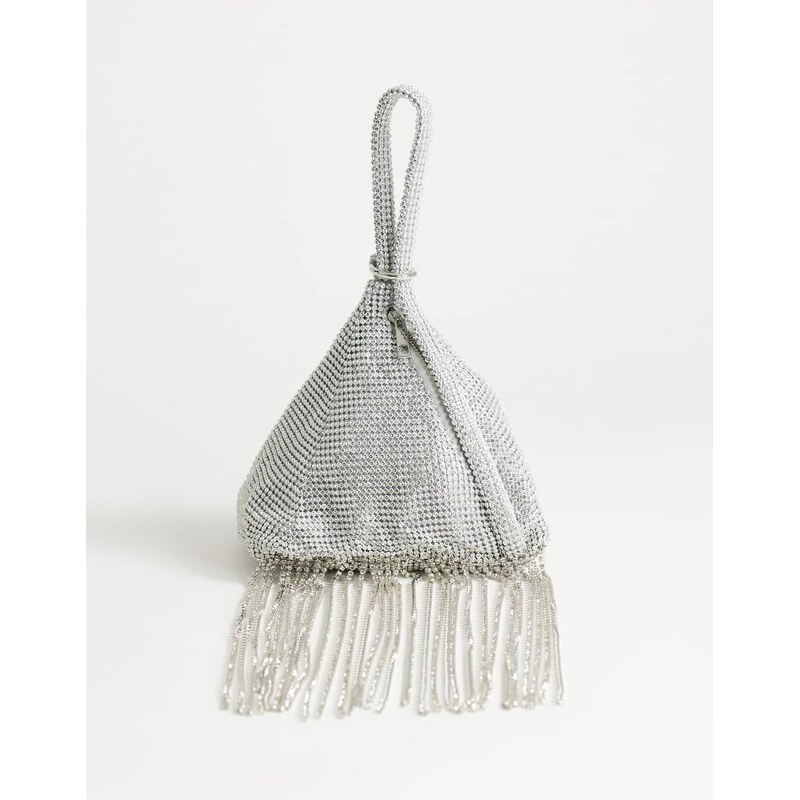 Topshop Matty small diamante triangle bag with tassels in silver