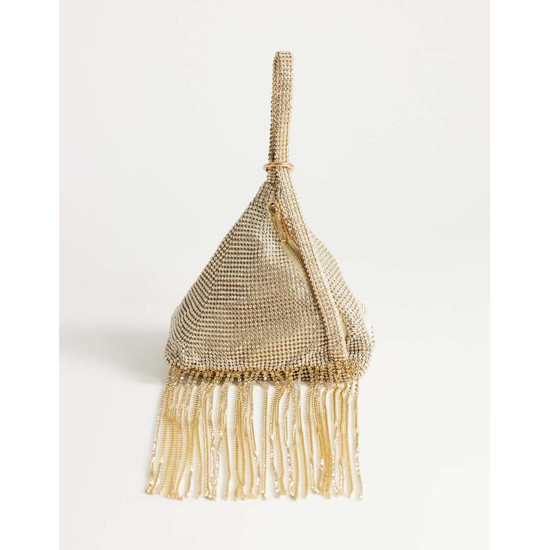 Topshop Matty small diamante triangle bag with tassels in gold