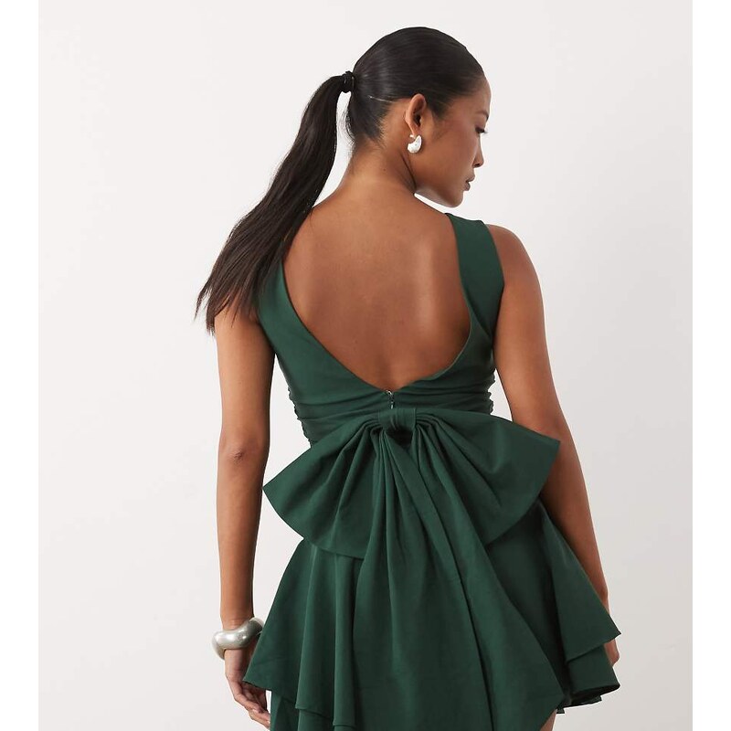 TFNC Petite bengaline v back bow detail skater mini dress in