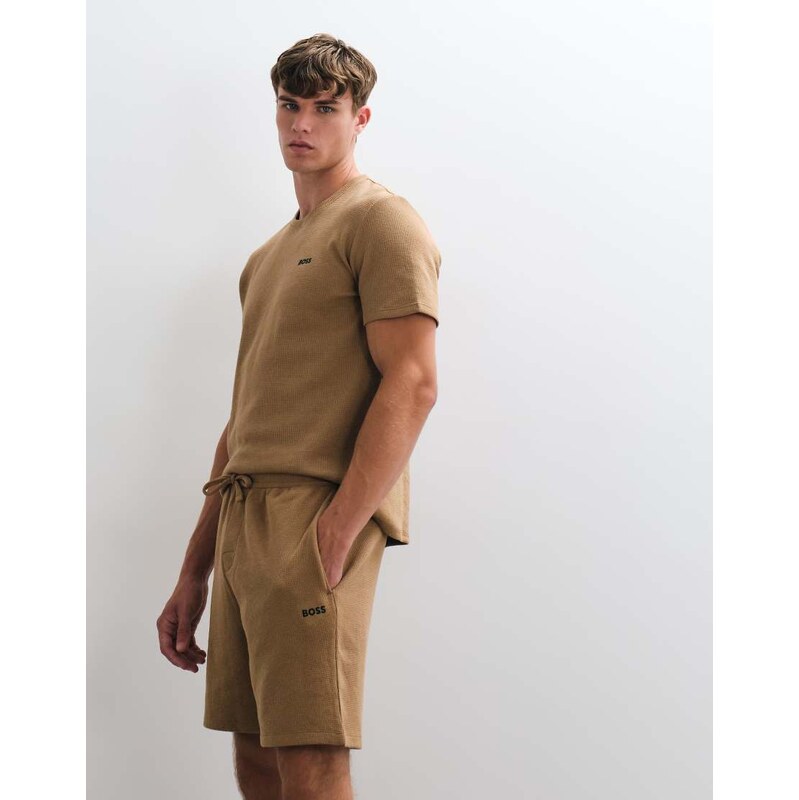 BOSS Bodywear co-ord waffle shorts with logo print in mid beige
