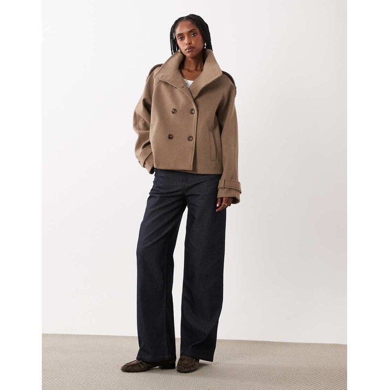 Threadbare funnel neck faux wool short jacket in tan-Black