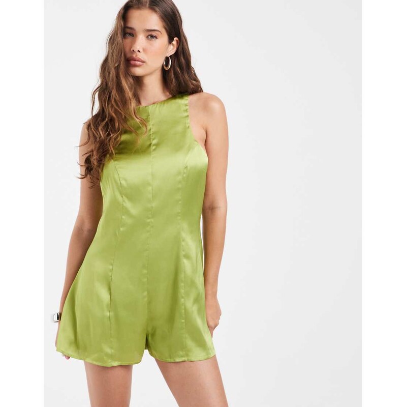 ASOS DESIGN racer satin playsuit in chartreuse-Green