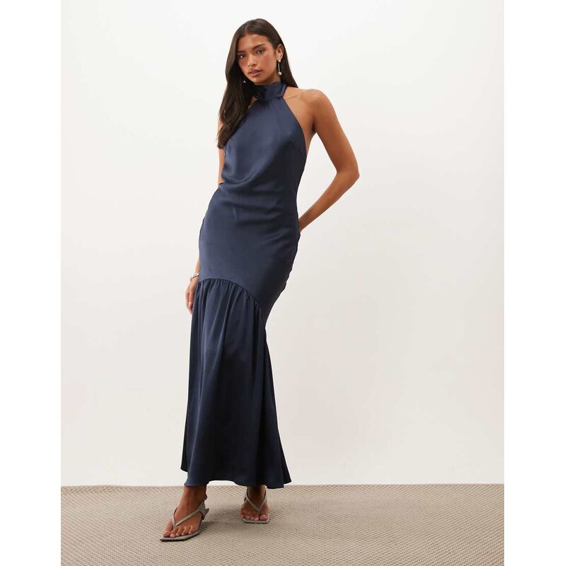 Pretty Lavish satin high neck bias backless maxi dress in navy