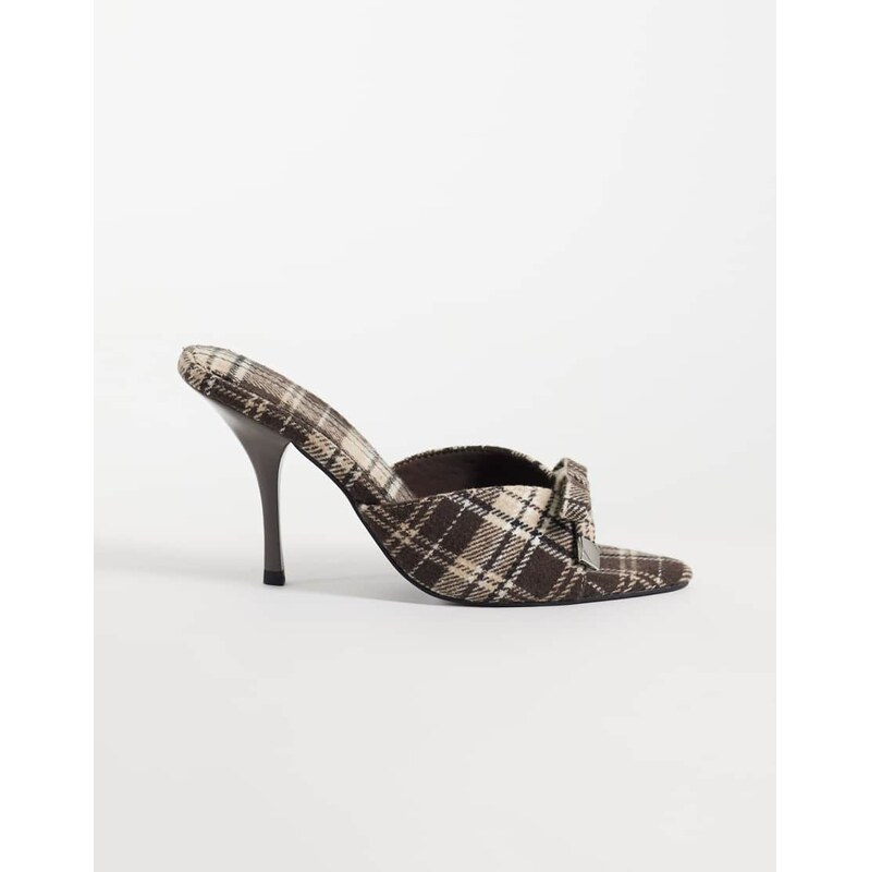ASOS DESIGN Nelly bow detail high heeled mules in check-Multi