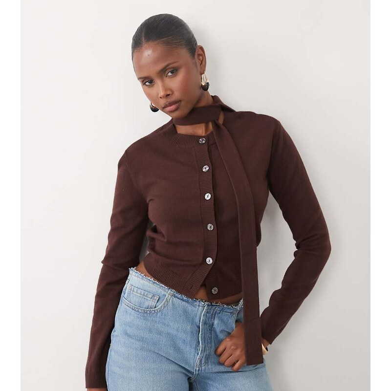 The Frolic exclusive scarf detail cardigan in chocolate-Red