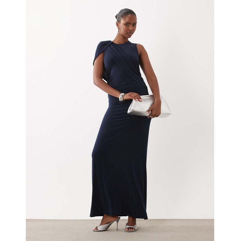 AWARE sleveless ruched side maxi dress with cape detail in navy