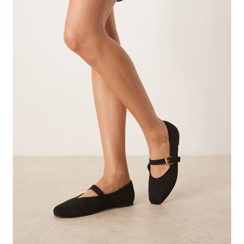 ASOS DESIGN Wide Fit Leah mary jane ballets in black suedette