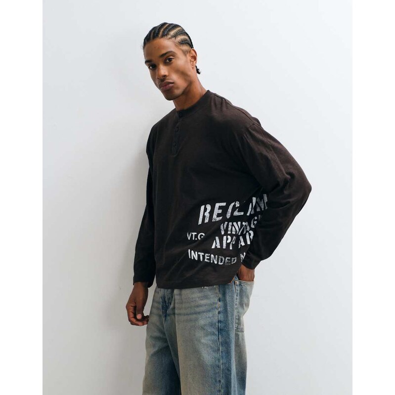 Reclaimed Vintage long sleeve henley t-shirt in brown-Orange