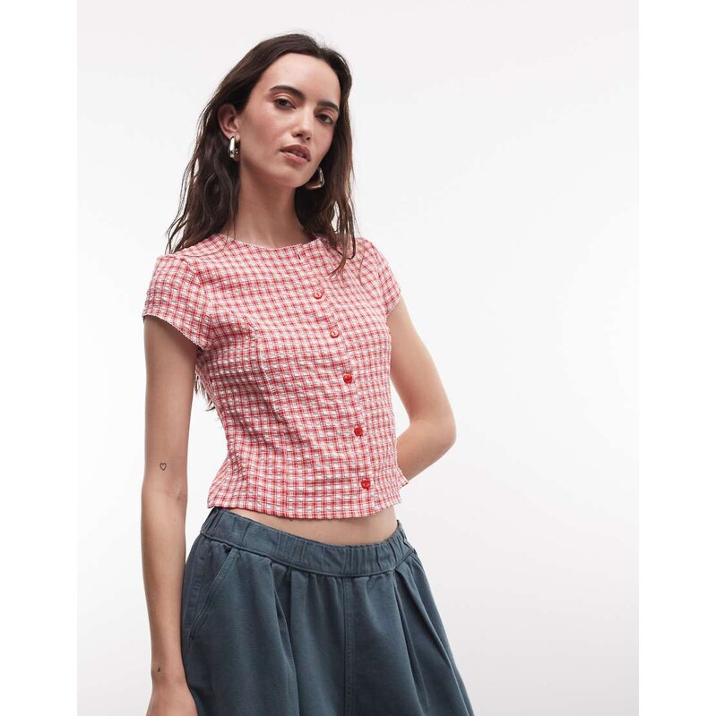 Reclaimed Vintage button through blouse in red check-Multi