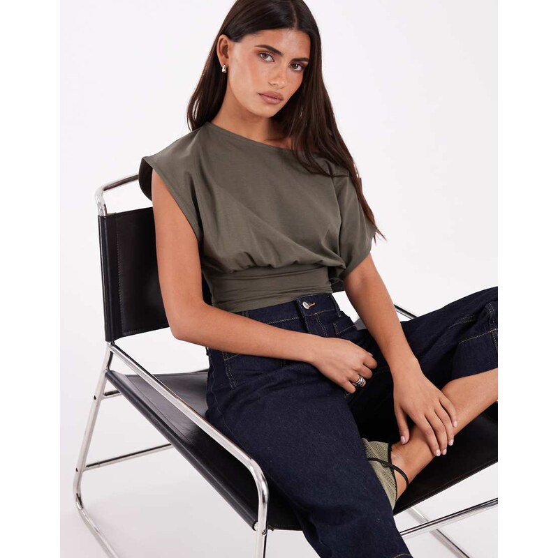 JJXX cinched waist off shoulder top in olive green