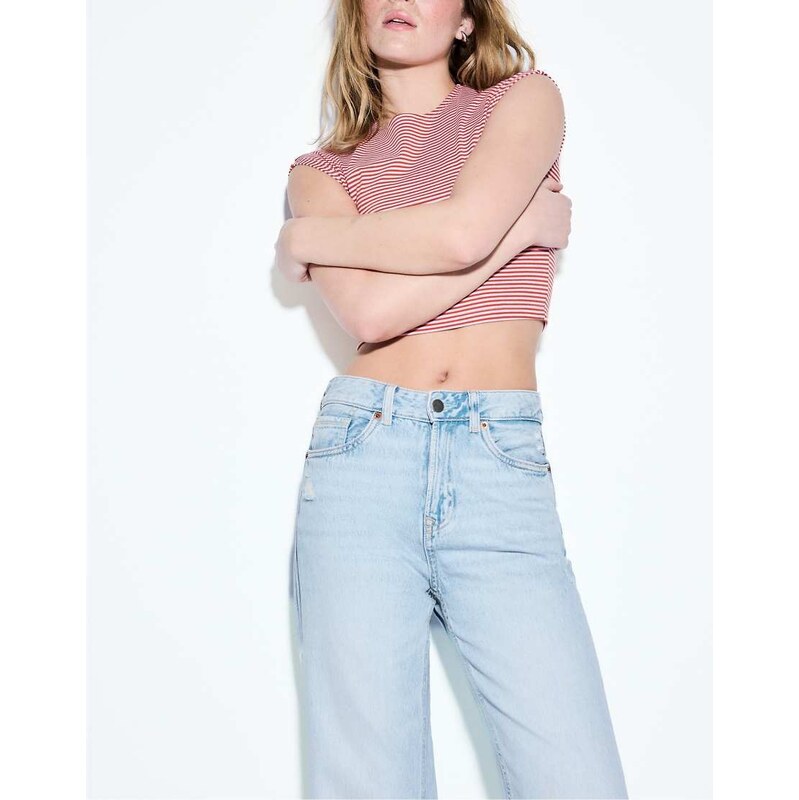 Stradivarius D92 straight wide-leg jeans in light bleach-Blue