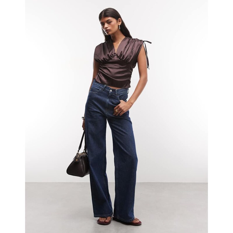 Reclaimed Vintage ruched shoulder satin v neck top in chocolate