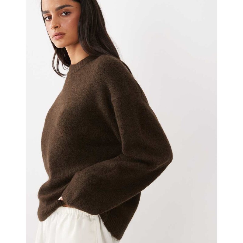 Gina Tricot crew neck knitted wool alpaca jumper in chocolate